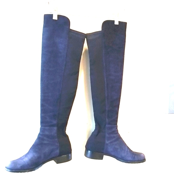 STUART WEITZMAN 50/50 Navy BLUE Suede Black Stretch Back Comfy Iconic OTK BOOT 7 - Picture 5 of 16